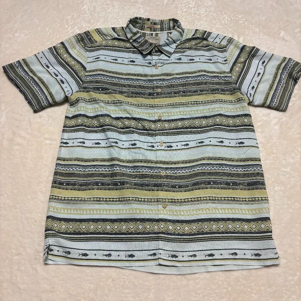 Quiksilver Waterman Mens Button Down Shirt Large Blue Fish Tribal Comfort Fit‎